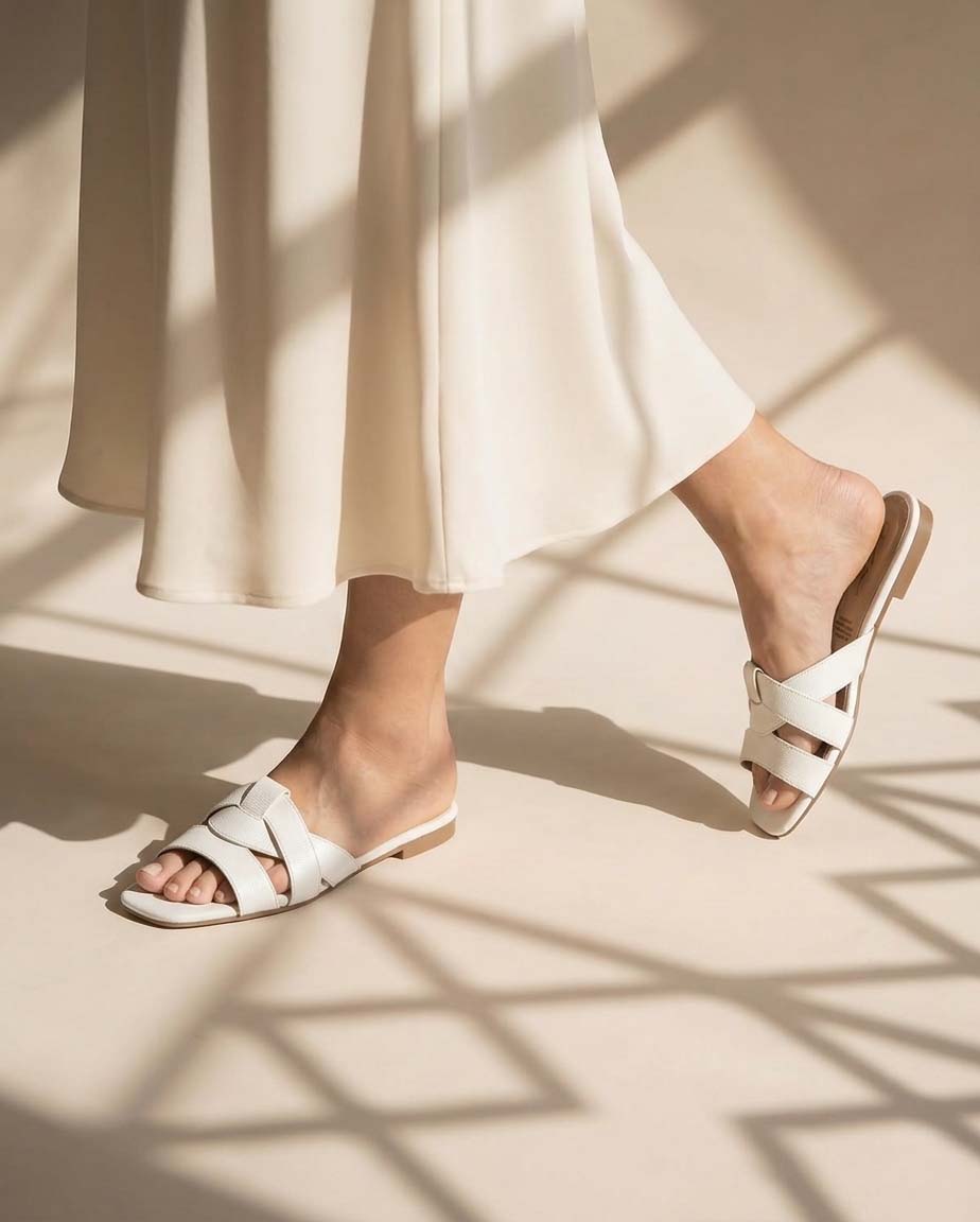 Modelo usando las sandalias Bora en color blanco en un ambiente luminoso, ideal para inspirar un look fresco, minimalista y lleno de estilo.