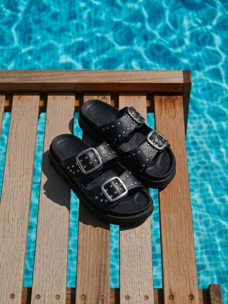 Foto de estilo de vida de las sandalias de plataforma Zenith en color negro cerca a una piscina, mostrando audacia y mucha personalidad.
