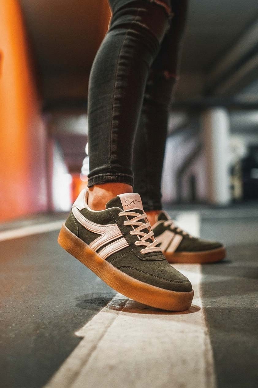 Foto de estilo de vida de una modelo usando el calzado de plataforma Amalfi en color verde, complementando un outfit versátil, fresco y con un toque urbano muy chic.
